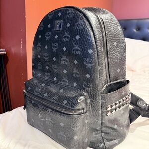 MCM Gray Leather Backpack with Silver Studs